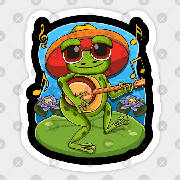 Frog Playing Banjo on Mushroom Cute Cottagecore Aesthetic Sticker by aneisha